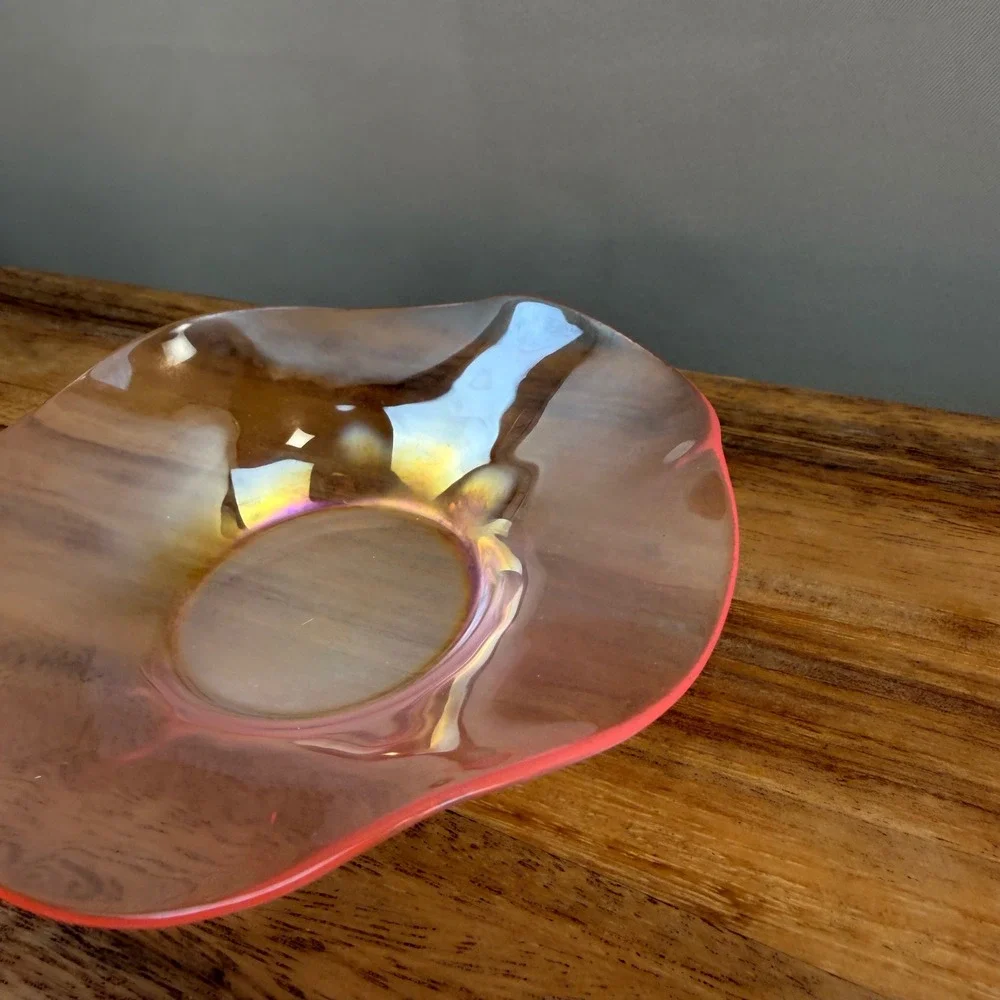 Vintage Pink Iridescent Glass Scalloped Ruffle Bowl Luster Finish 7.5